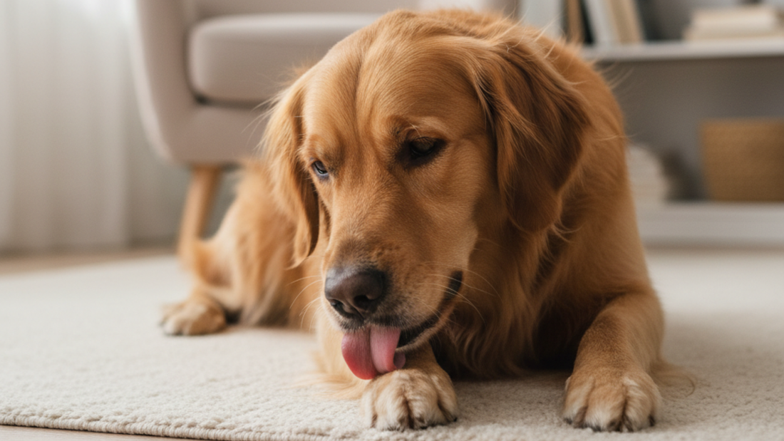 Dog licking paws