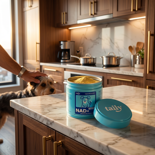 Taily NAD+ supplement container on a kitchen counter with a dog and person in the background