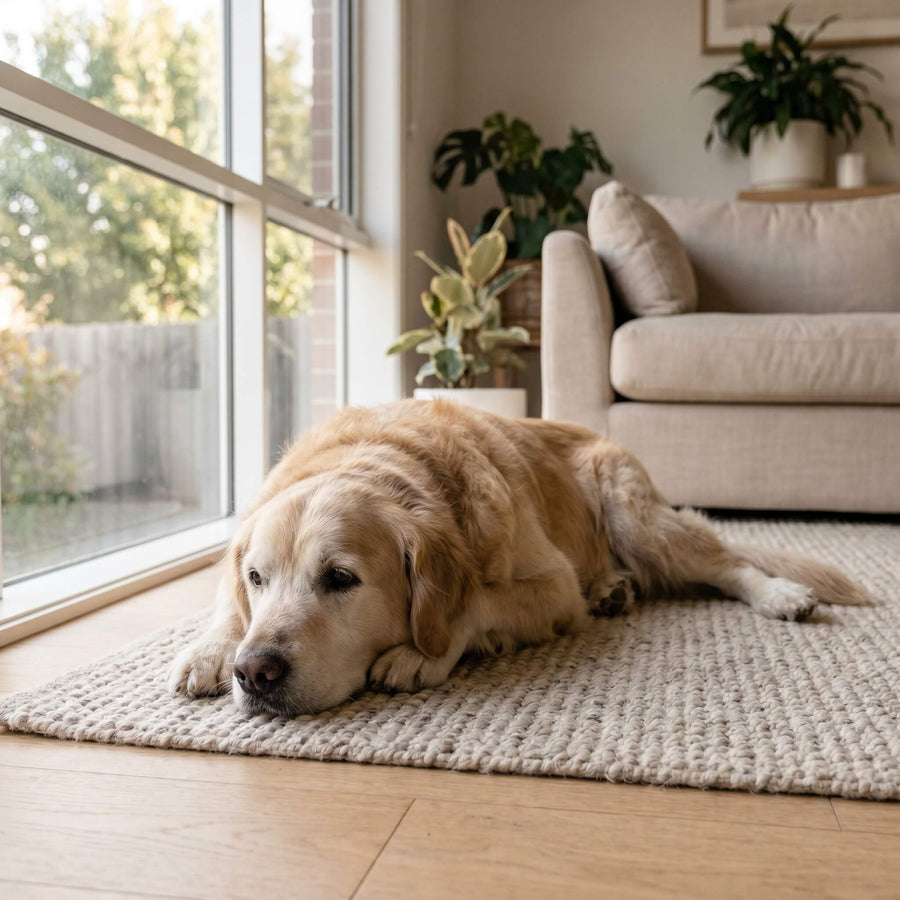 An aging golden retriever resting, low energy