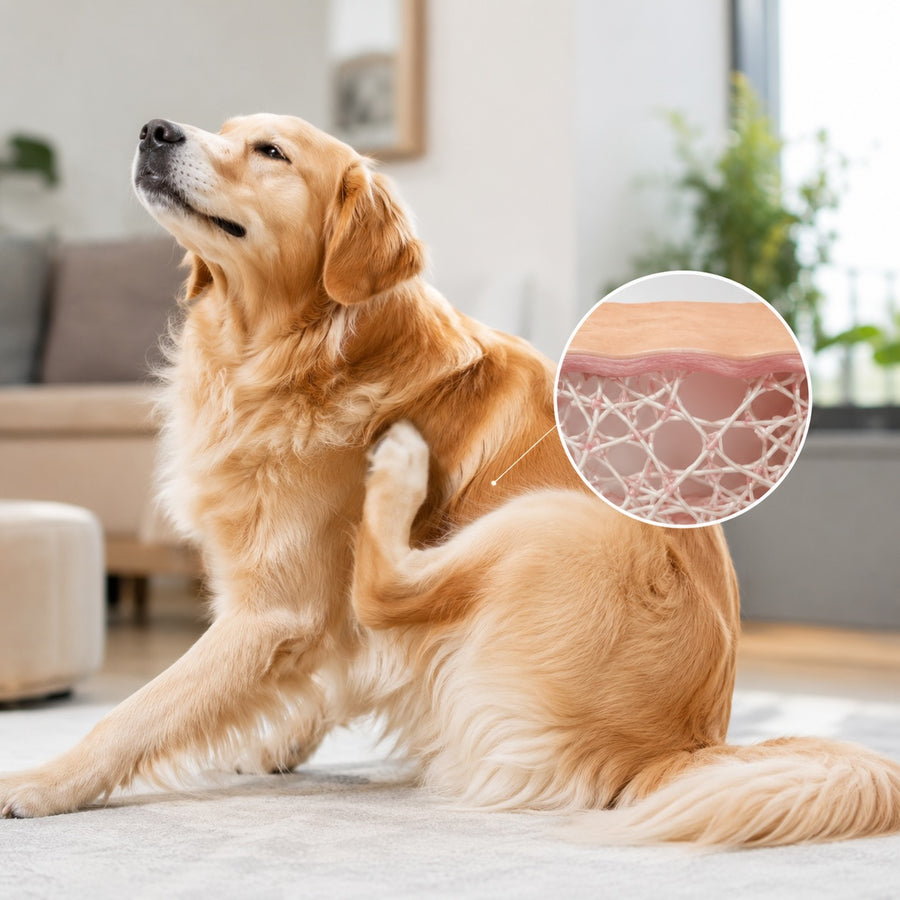 A golden retriever scratching from dry, itchy skin