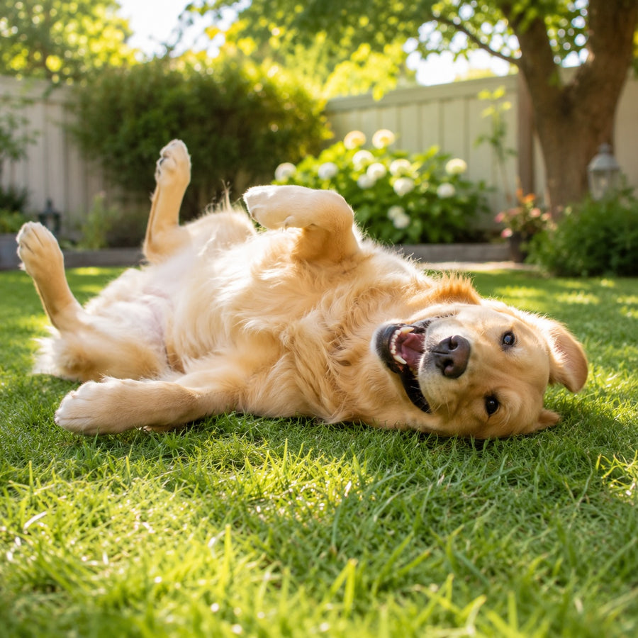 A happy golden retriever with a healthy, shiny coat