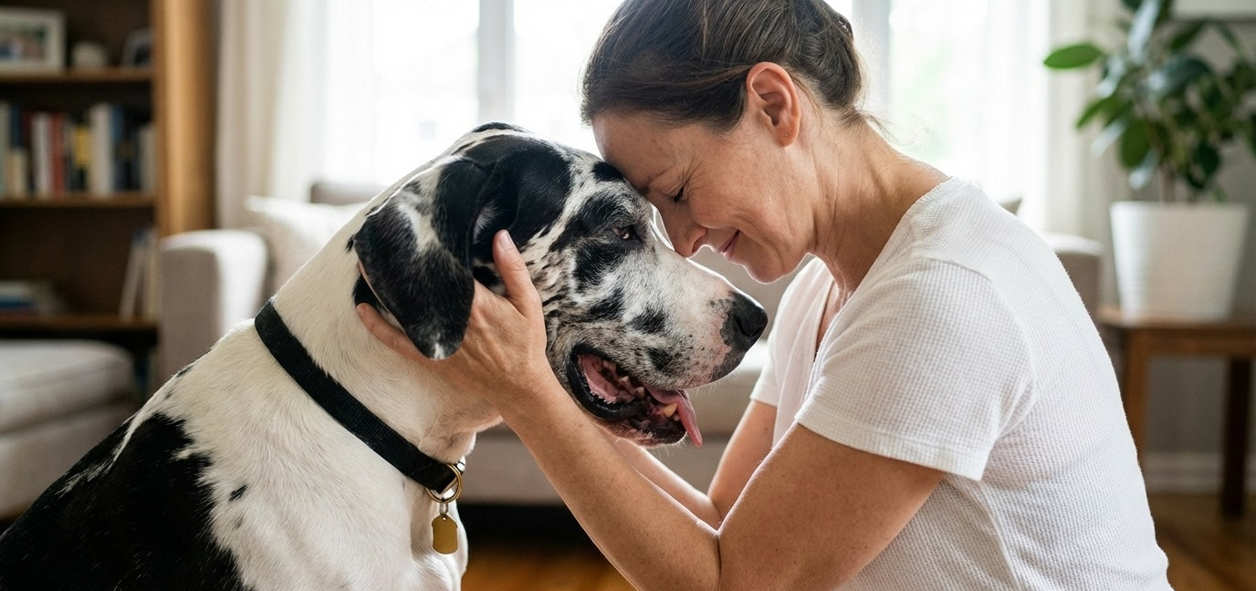 Woman petting a large black and white dog in a home setting