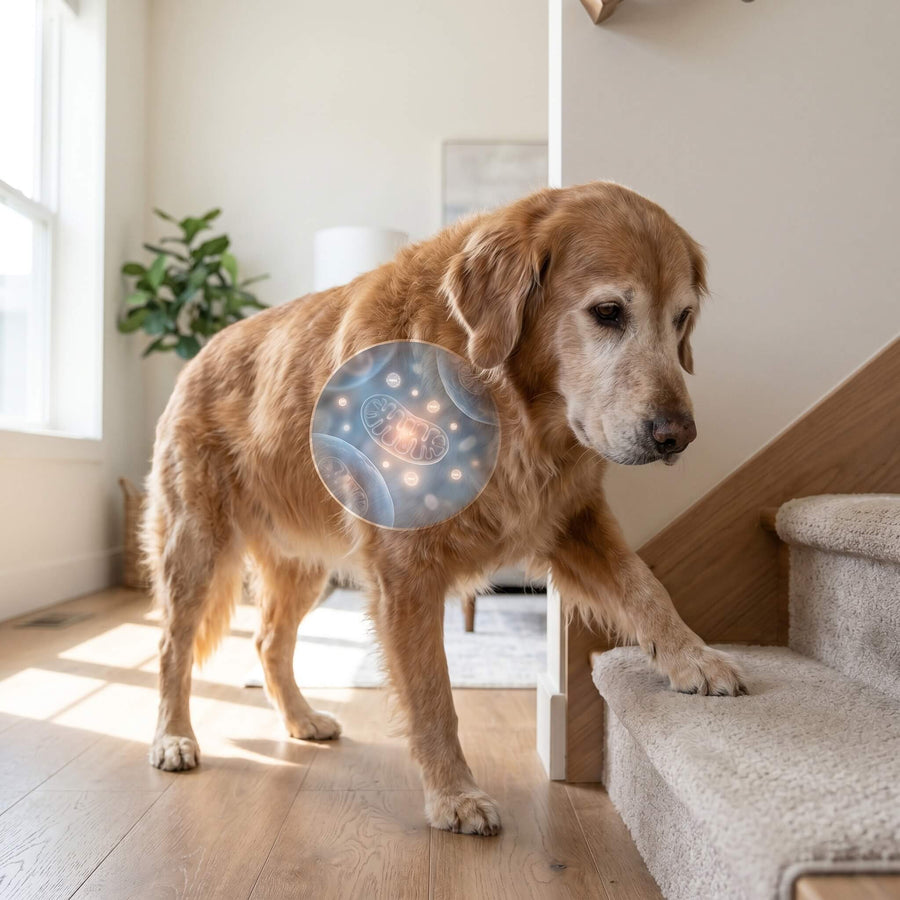 Aging dog at the stairs with cellular decay cutout illustration